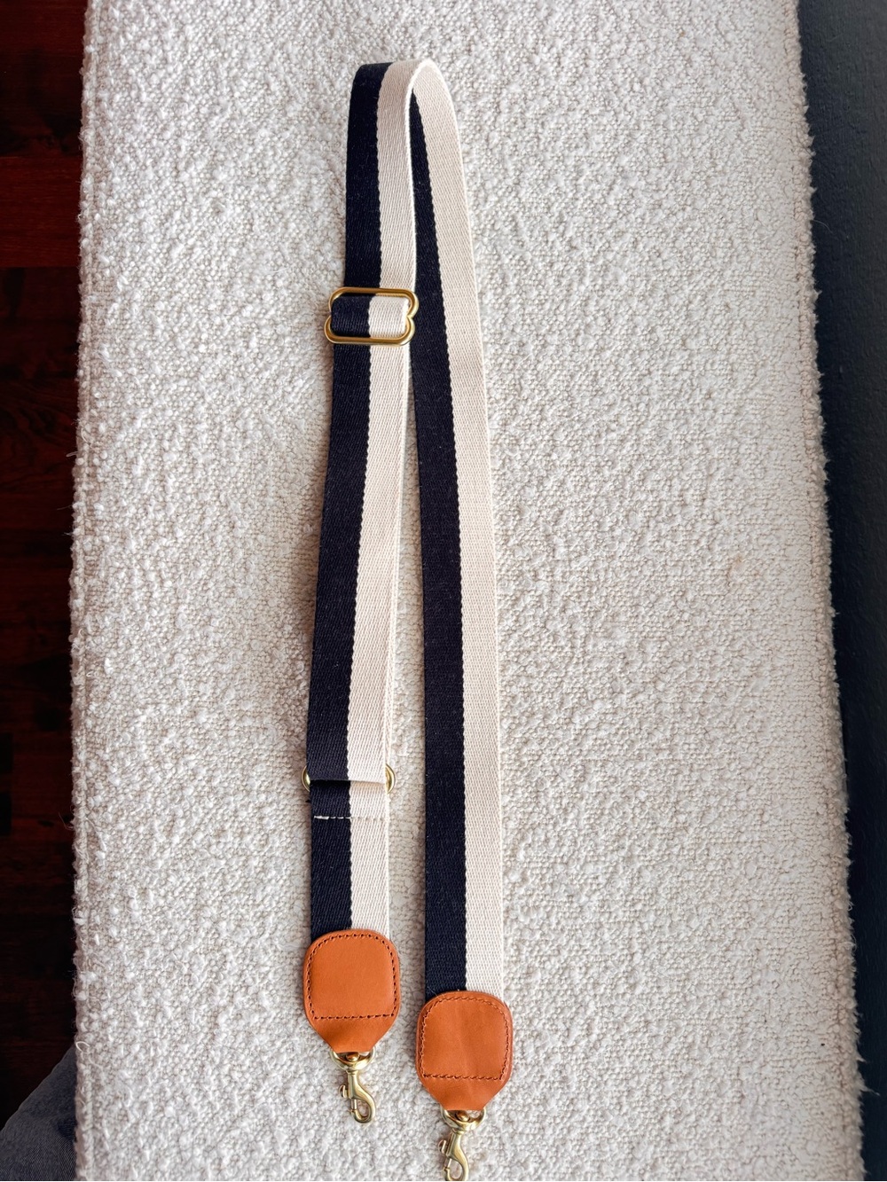 Clare V. adjustable Crossbody Strap in Black/Cream Stripe w/ Cuoio Tabs